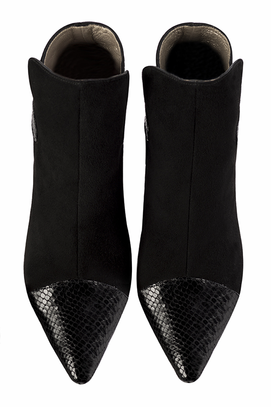 Women's satin black and matt black elegant ankle boots, with buckles at the back. Tapered toe. High spool heels - Top view